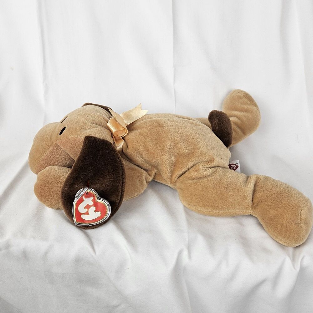 '94 Ty Beanie Baby 14" Pillow Pals WOOF Brown Plush Puppy Dog Stuffed Animal Toy
